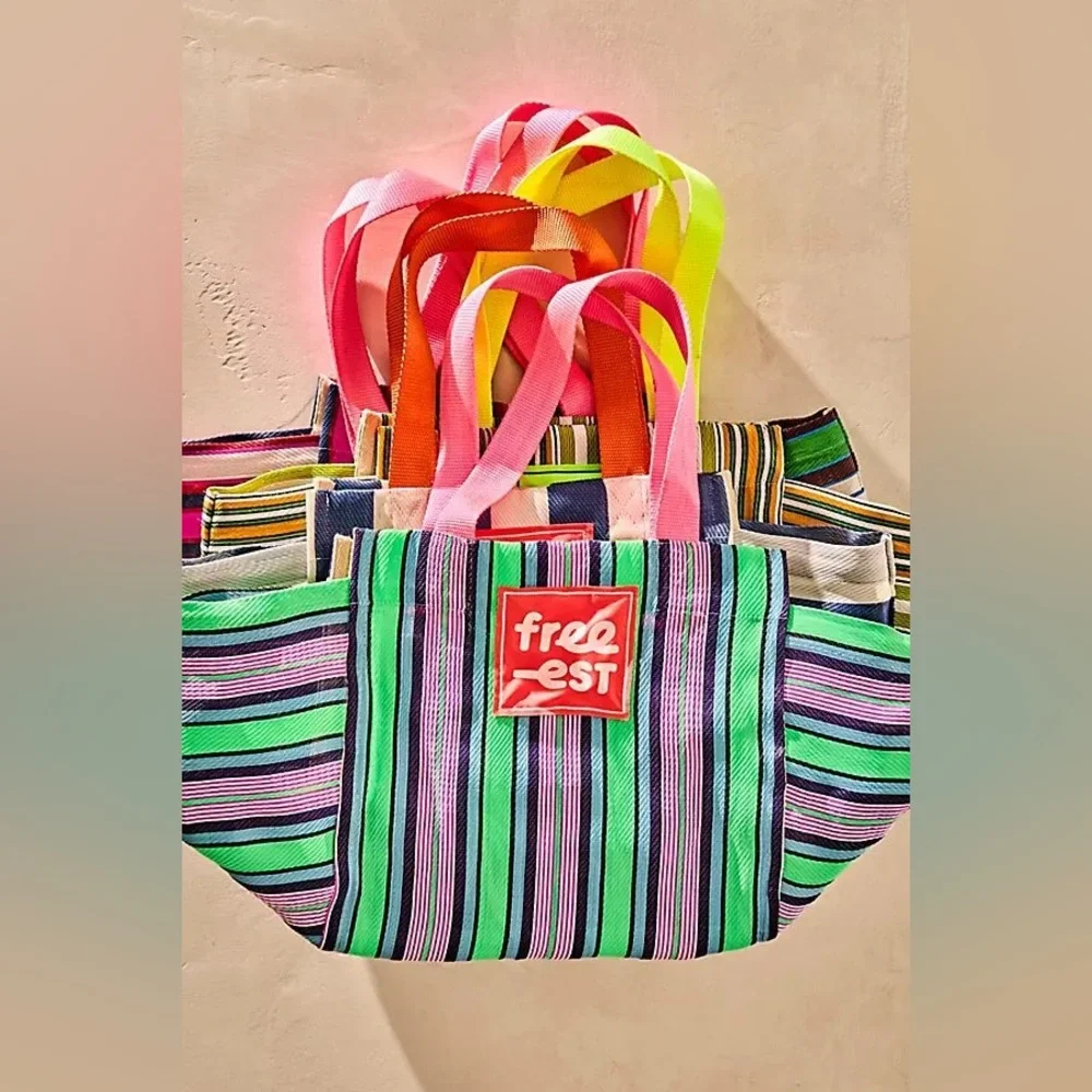 Free People free-est Boho Striped Beach Tote Bag Pink Blue OS - Picture 6 of 7